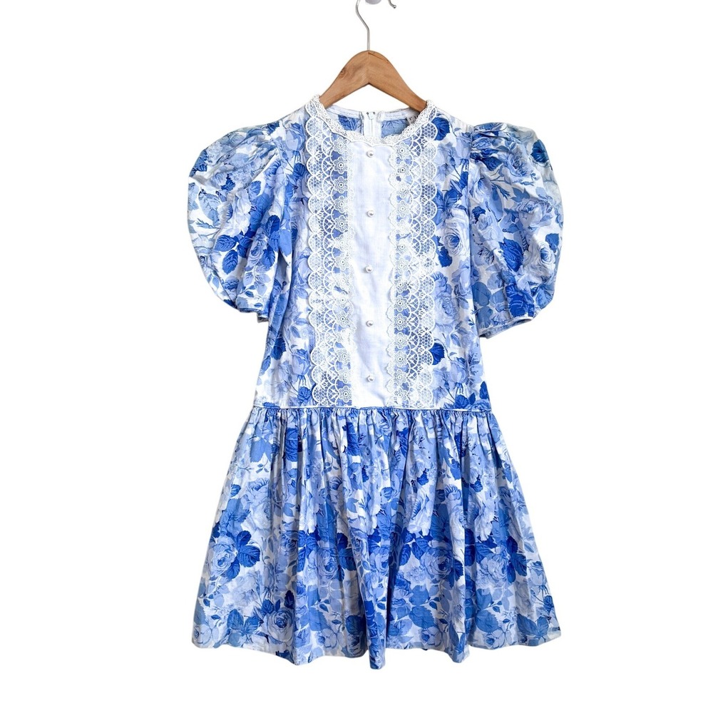 Vintage Ruth Of Carolina Girls Floral Cottagecore Dress Size 7 Blue White Lace